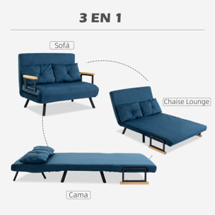 Sofá Cama Convertible 3 en 1 Sillón Cama de 2 Plazas Plegable con Respaldo Ajustable de 5 Niveles y 2 Almohadas Acolchadas para Oficina Dormitorio Salón 102x73x81 cm Azul