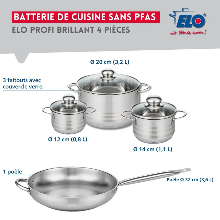 Ensemble de 1 Poêle de cuisson 32 cm et 3 faitouts 12, 14 et 20 cm Elo Profi Brillant