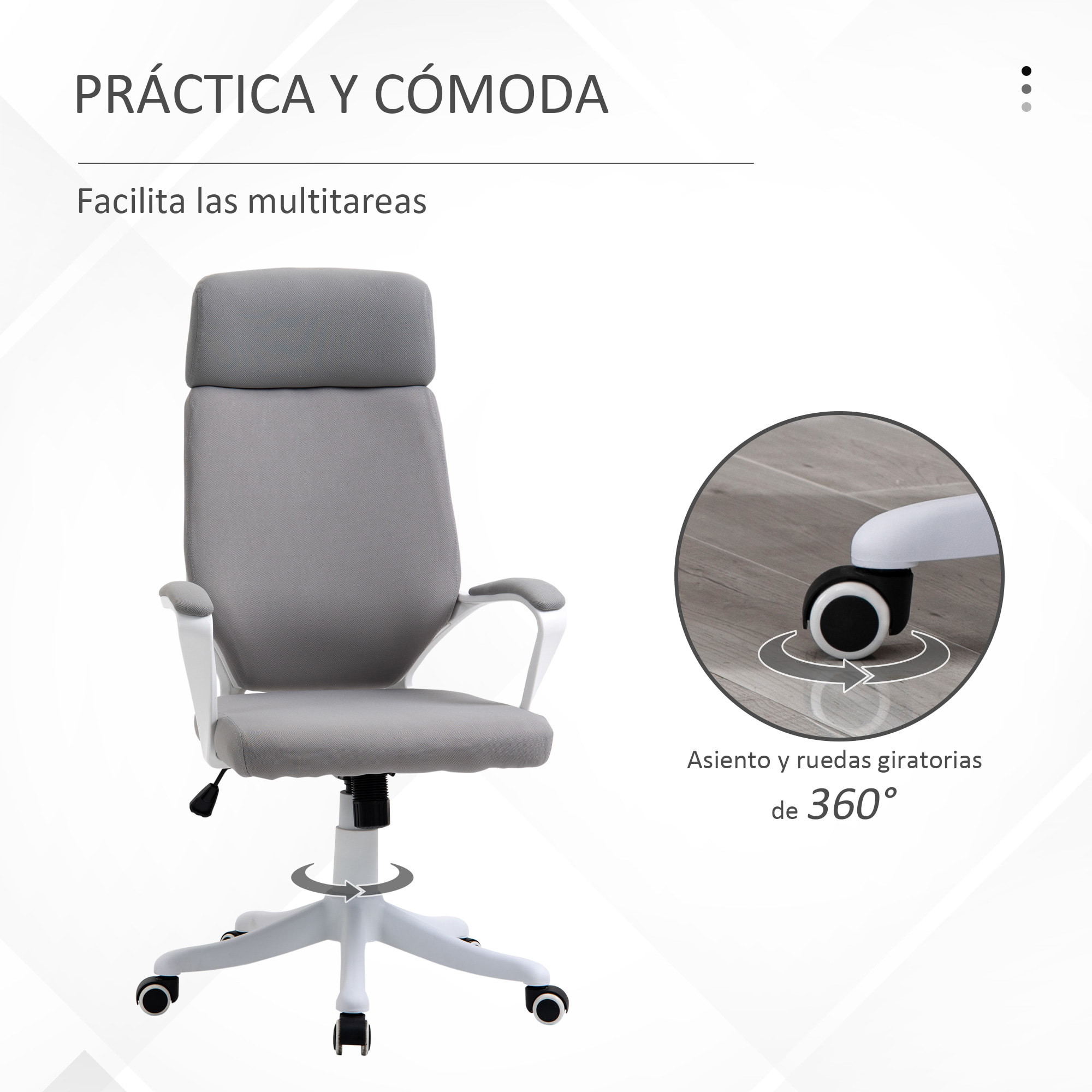 Silla de Oficina Ergonómica Silla Escritorio Giratoria Ajustable en Altura con Reposabrazos Reposacabezas y Respaldo Alto 63x65x112-120 cm Gris