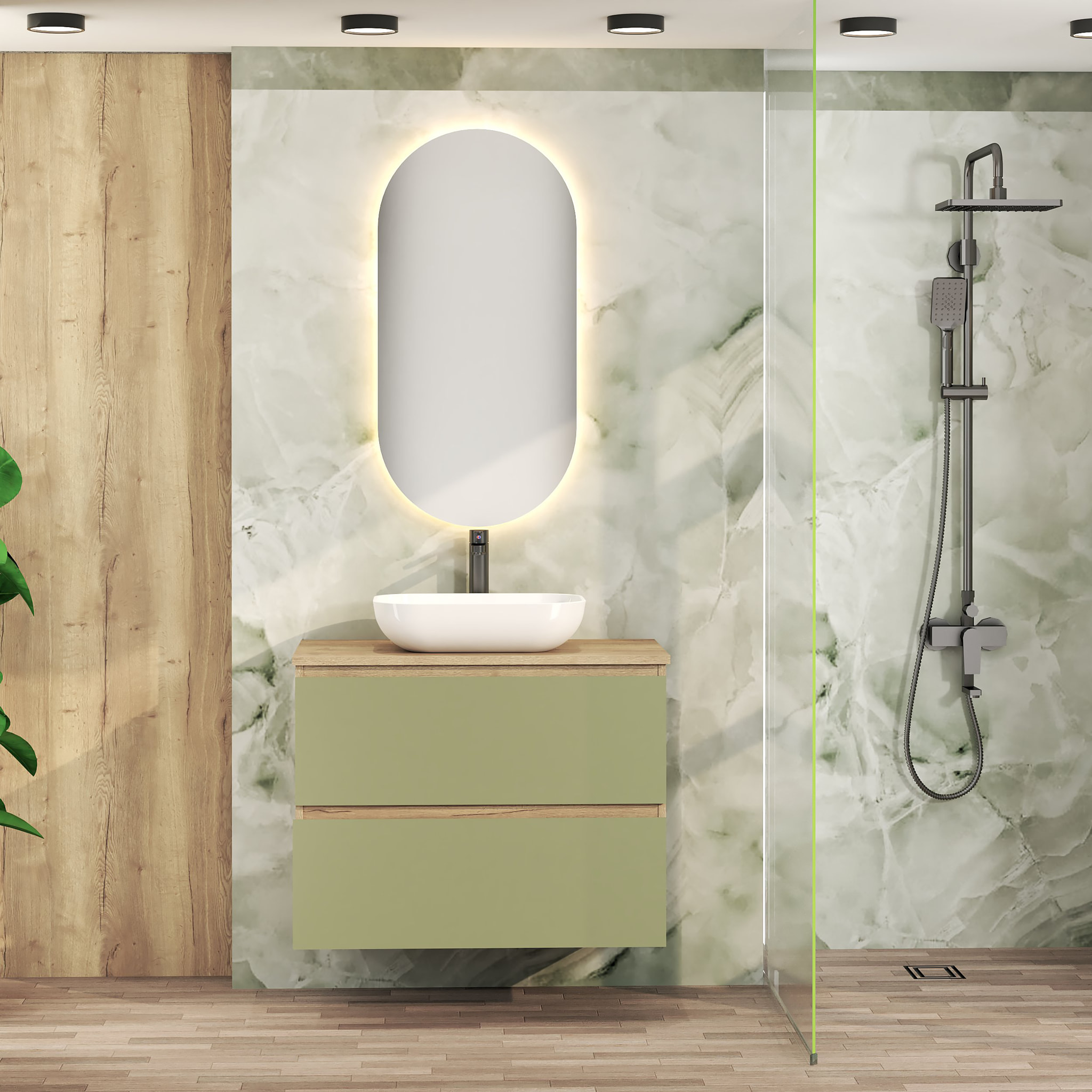 Ensemble de Salle de Bain Nia | Meuble Suspendu | 80 cm Vert | Deux Tiroirs |Lavabo sur Plan | Miroir non inclus | Meuble Monté | Alday