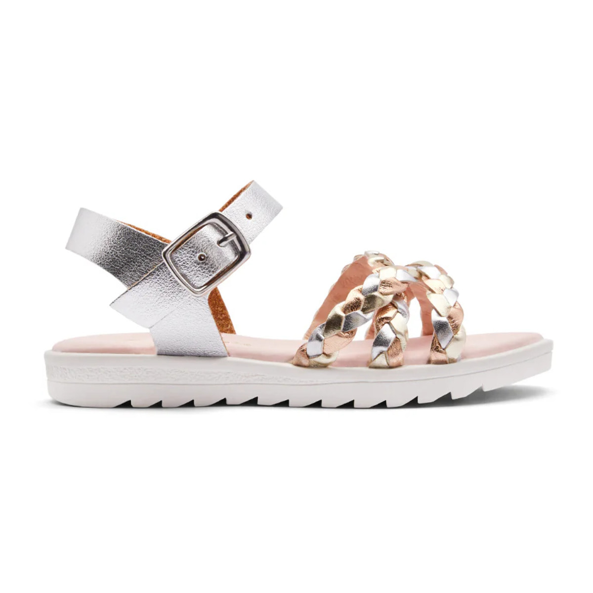 Sandalias Abiertas de Niña Con Trenzado y Hebilla Plateado