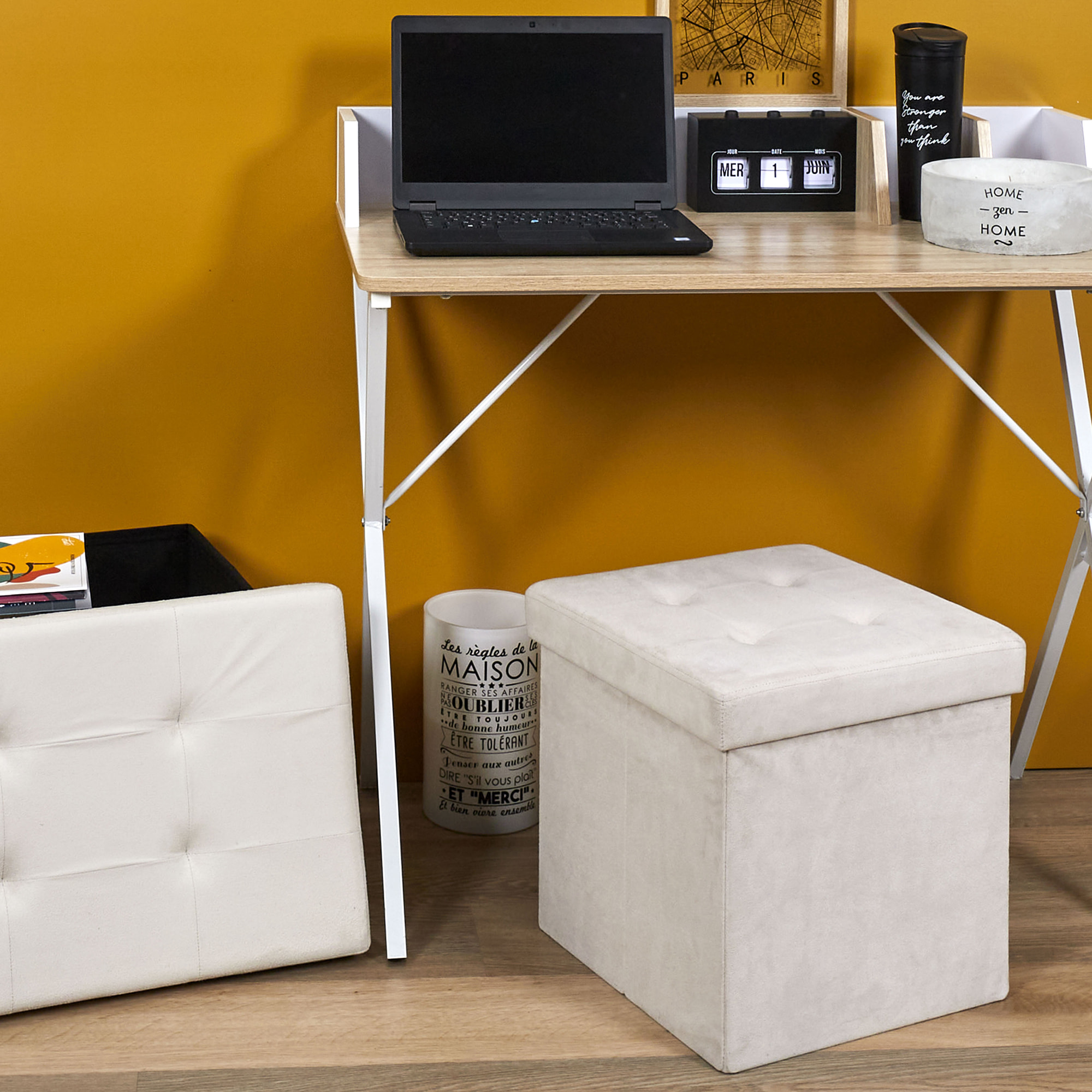 Coffre Pouf Pliable Suedine Beige