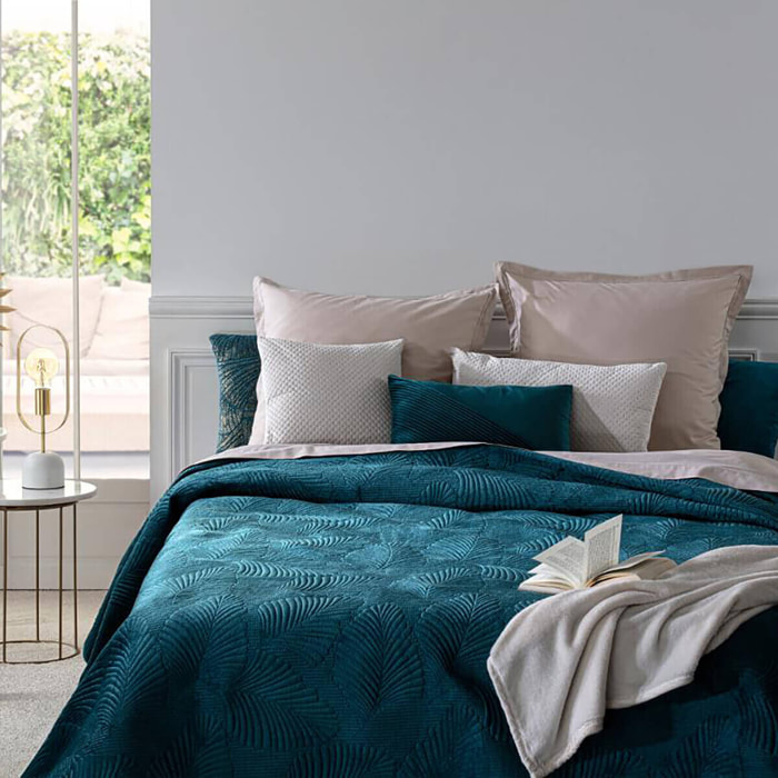 Dessus de lit "Feuille" - velours - bleu canard 240x260 cm