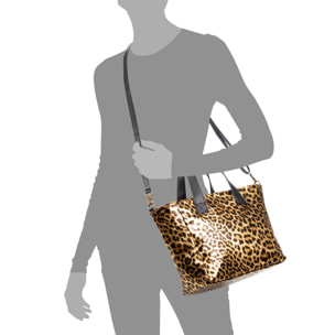 Cassandra borsa tote donna. Pelle autentica Camoscio, stampa animale leopardo, lucido verniciato.