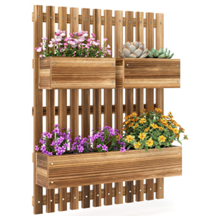 Jardinera de Pared con Enrejado, Jardinera Exterior Grande de Madera con 3 Macetas Móviles y Orificio de Drenaje, para Exterior, Jardín, Terraza, Patio, 60x16x80 cm, Carbonizado