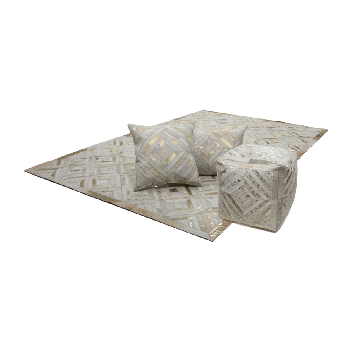 Pouf a cubo Dazzle in pelle avorio e oro