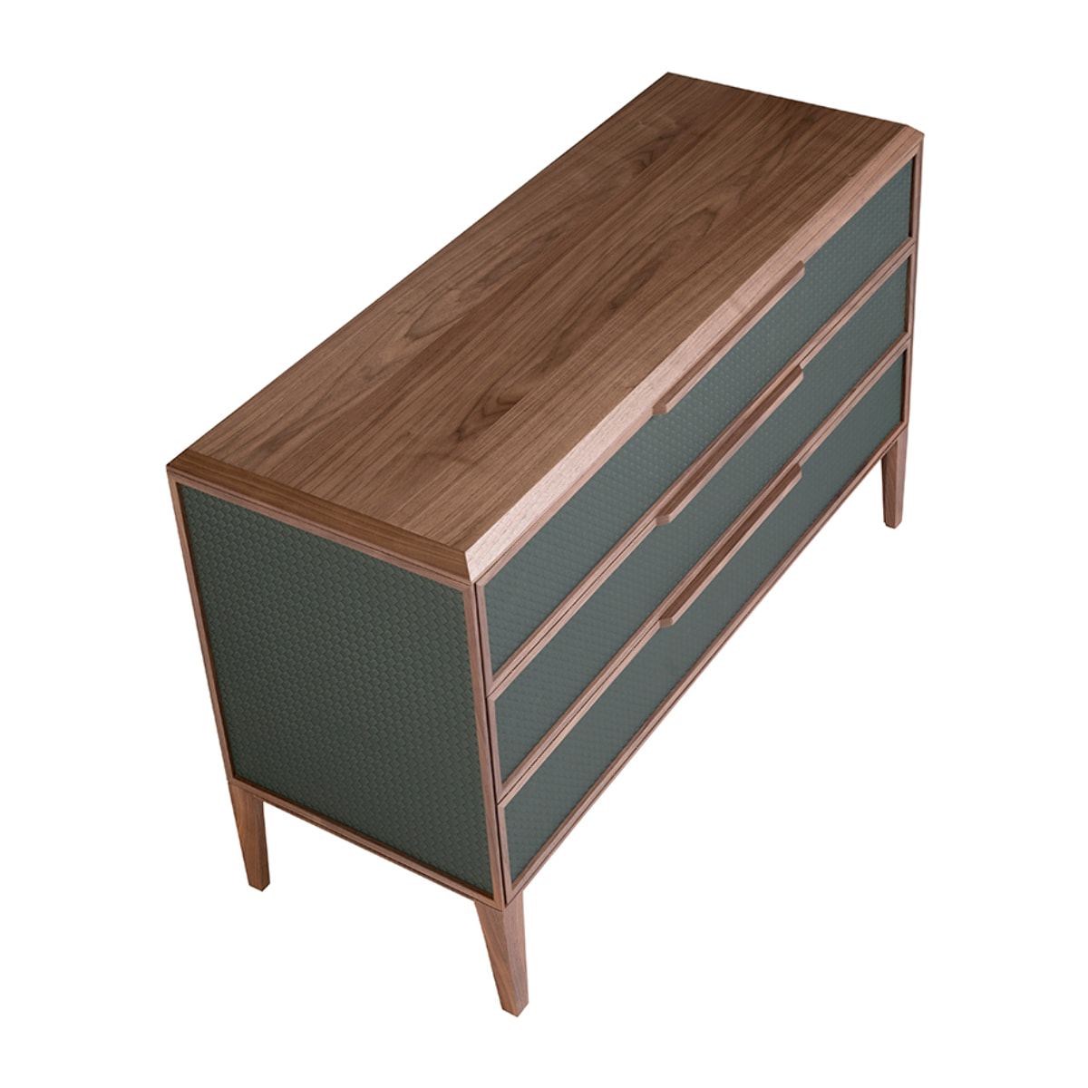 Cómoda con estructura de PVC en verde oscuro y patas de madera chapada en nogal natural 119x46x75cm