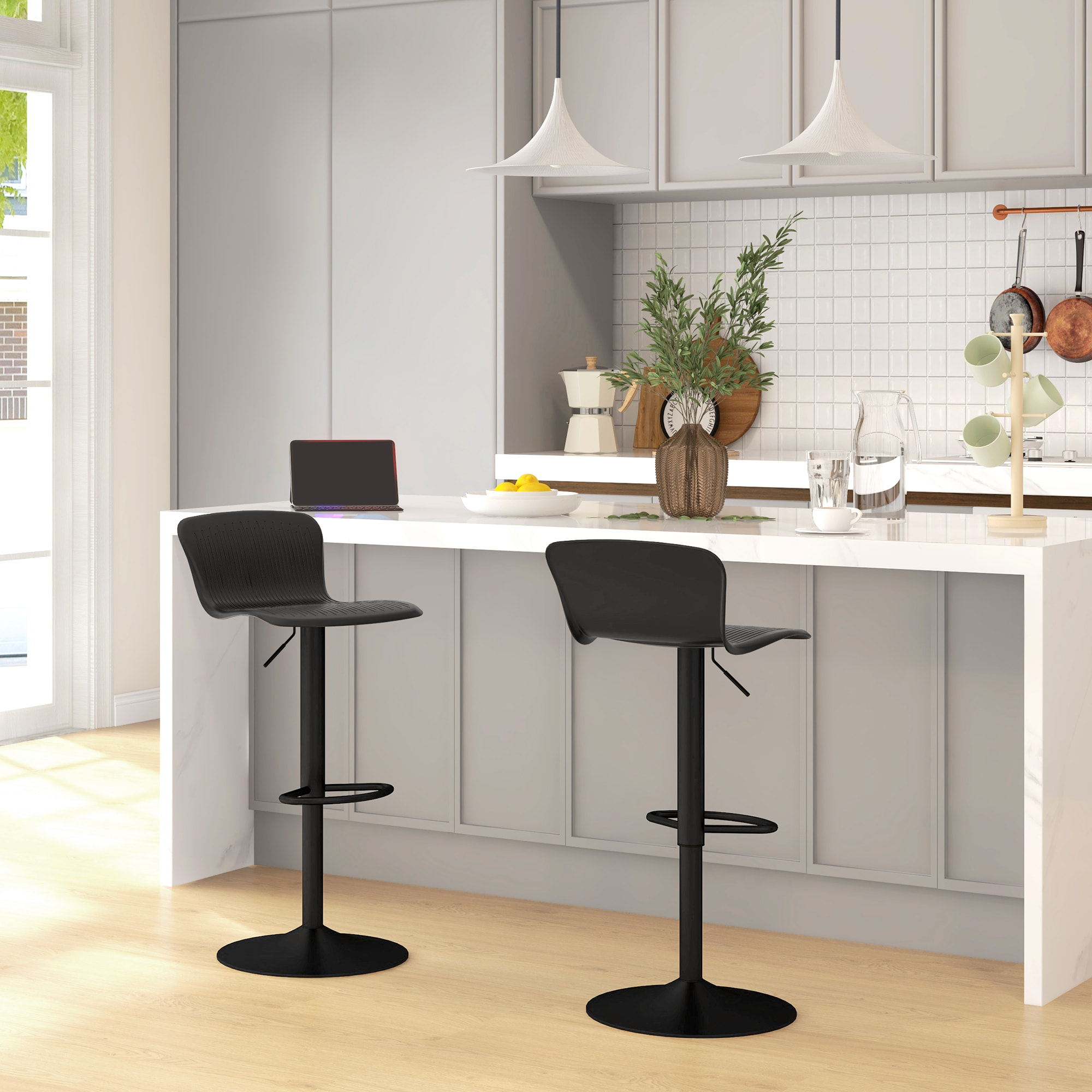 Conjunto de 2 Taburetes Altos de Cocina Sillas Altas de Cocina Giratorias con Respaldo y Altura Ajustable Carga 120 kg para Bar Salón Comedor Negro