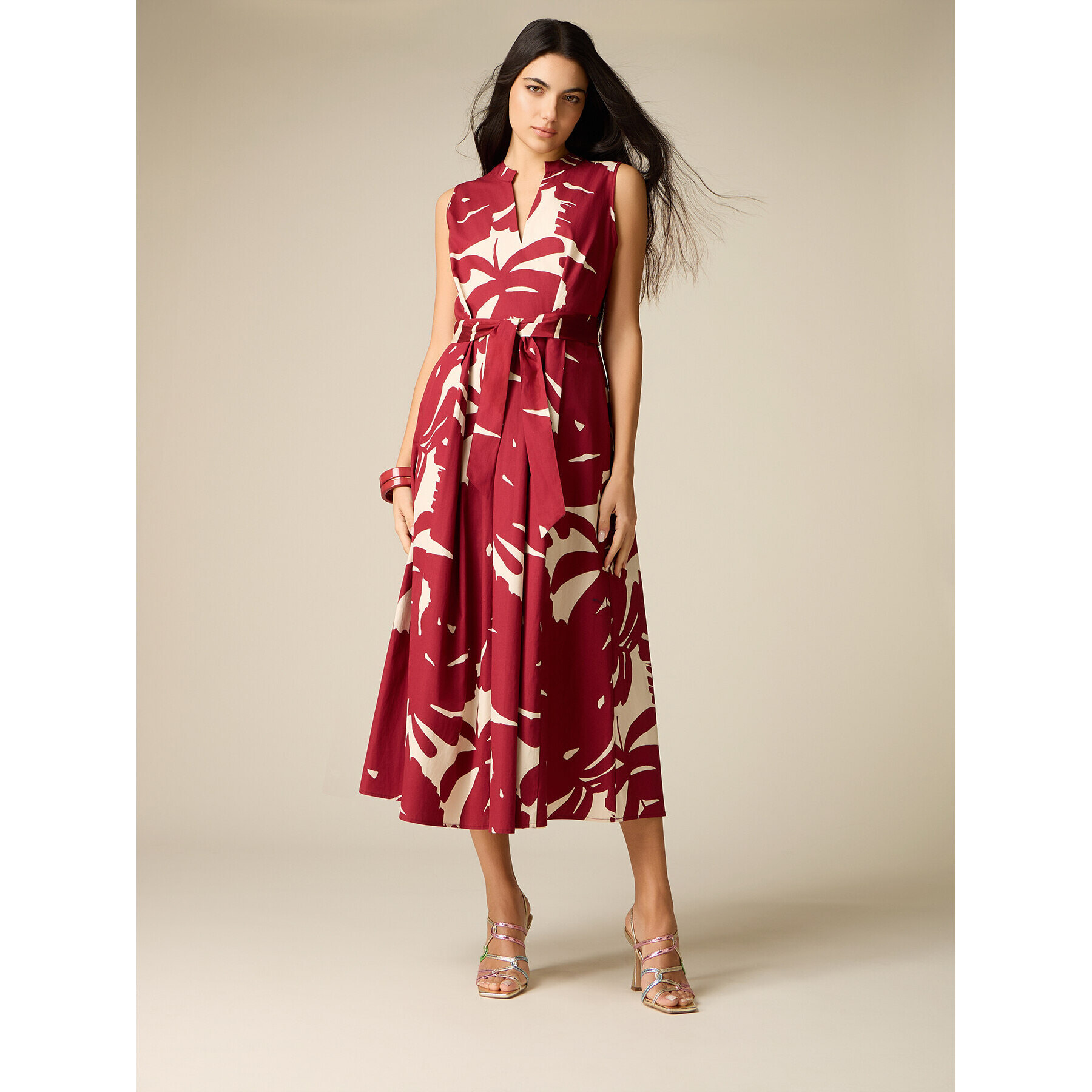Oltre - Vestido flare en popelina estampada - Burgundy