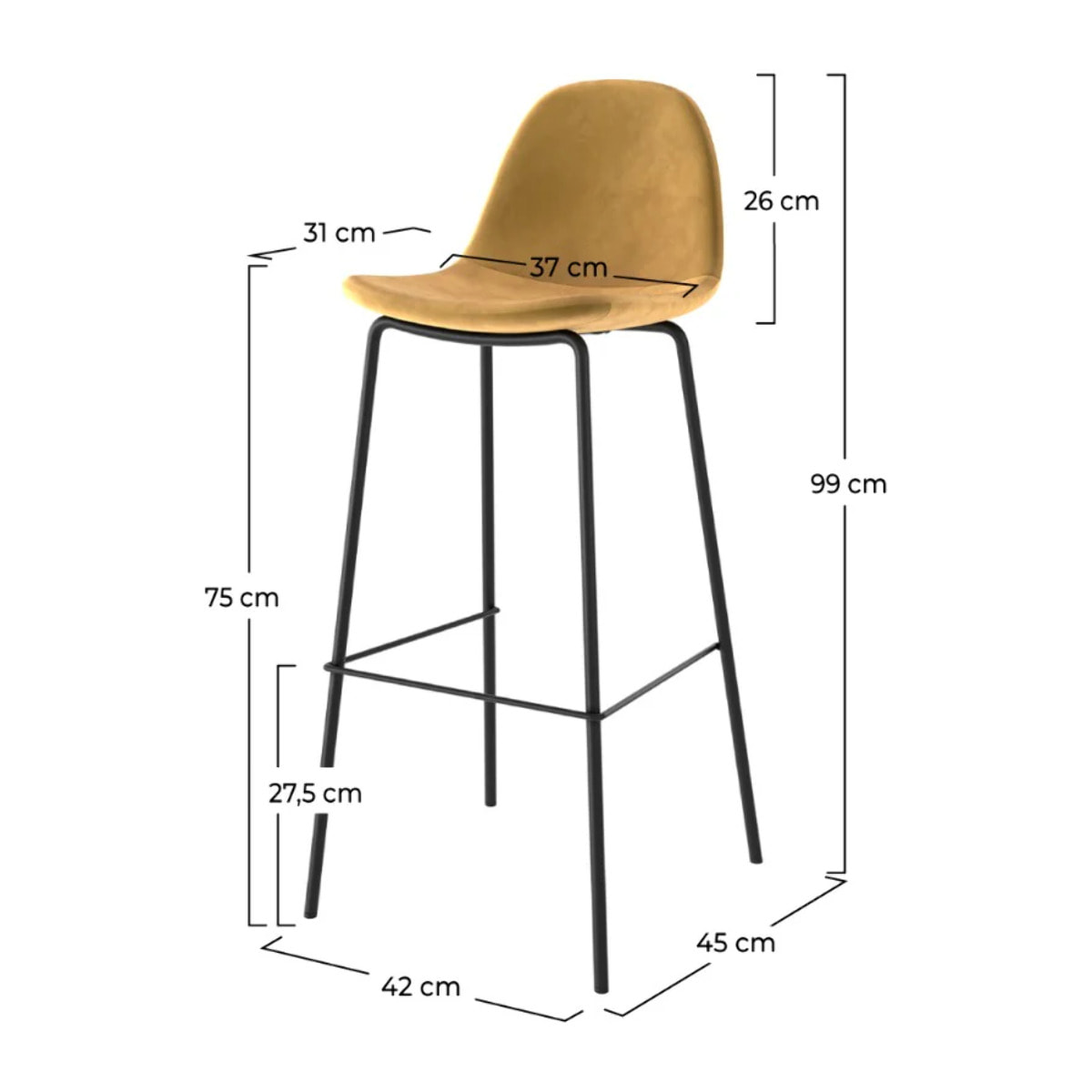 Lot de 2 chaises de bar en velours jaune 75 cm - Henrik