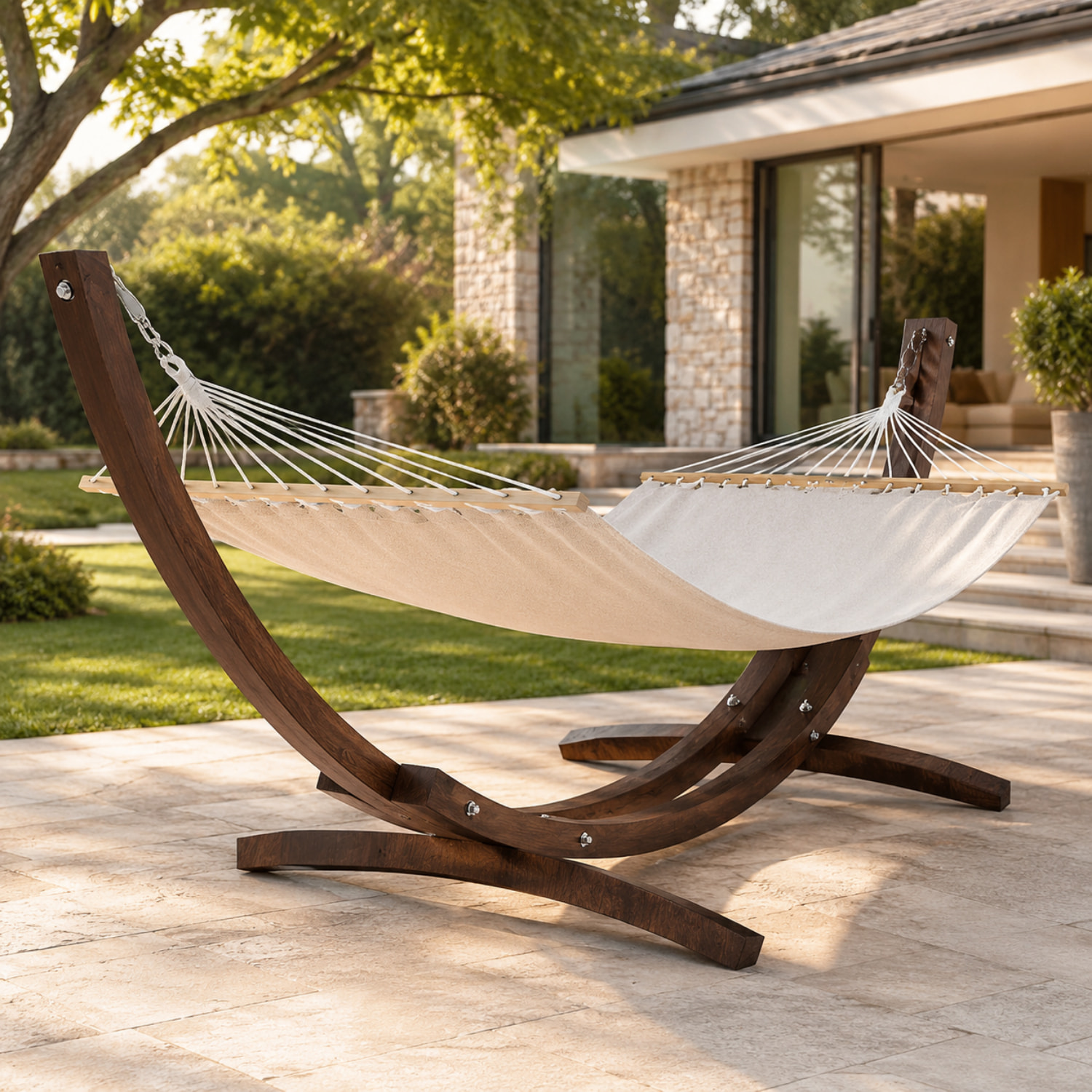 Amaca Da Giardino Supporto Legno Robusto Telo Cotone Resistente Portata Max 150 Kg Esterno Terrazzo Balcone Piscina Design 320 x 100 x 100 Cm Beige