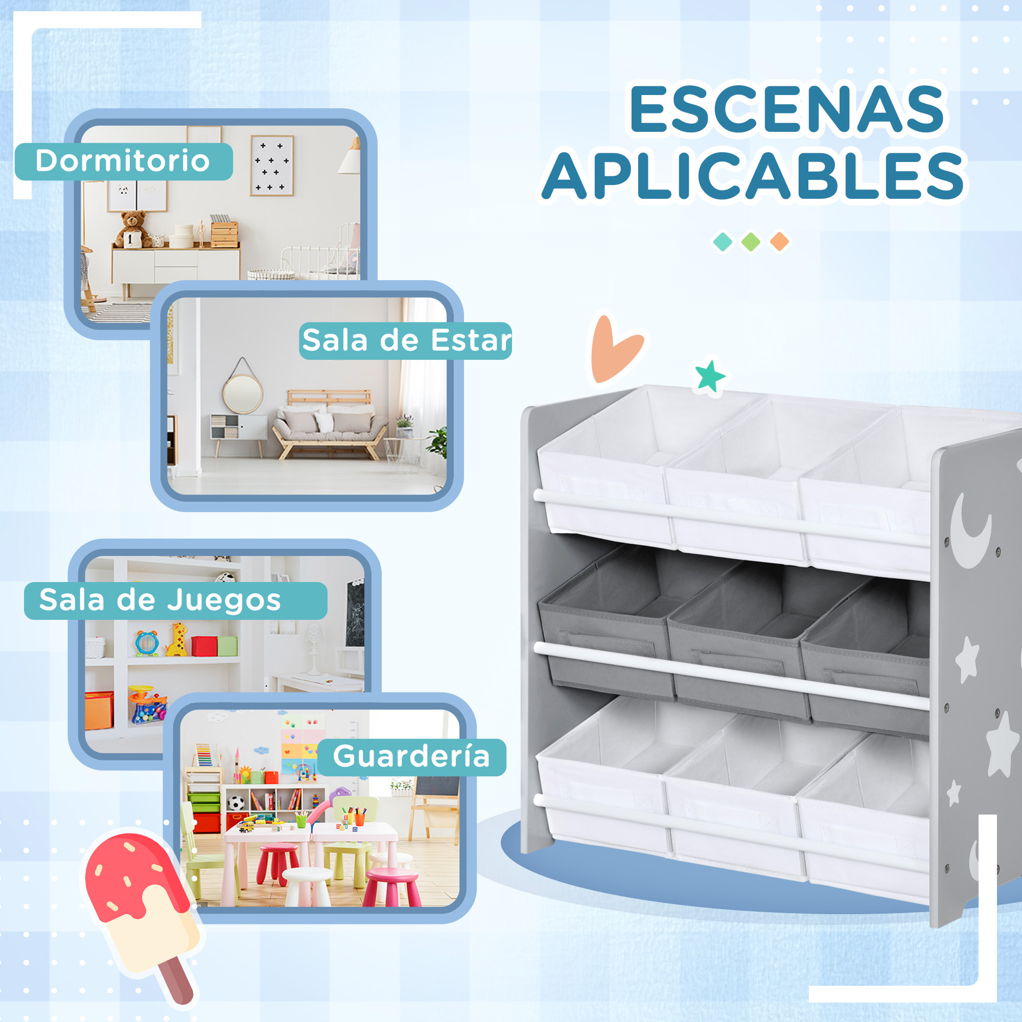 Estantería Infantil con 9 Cajas de Tela no Tejida Extraíbles Organizador de Juguetes para Dormitorio Guardería 63x30x60 cm Gris