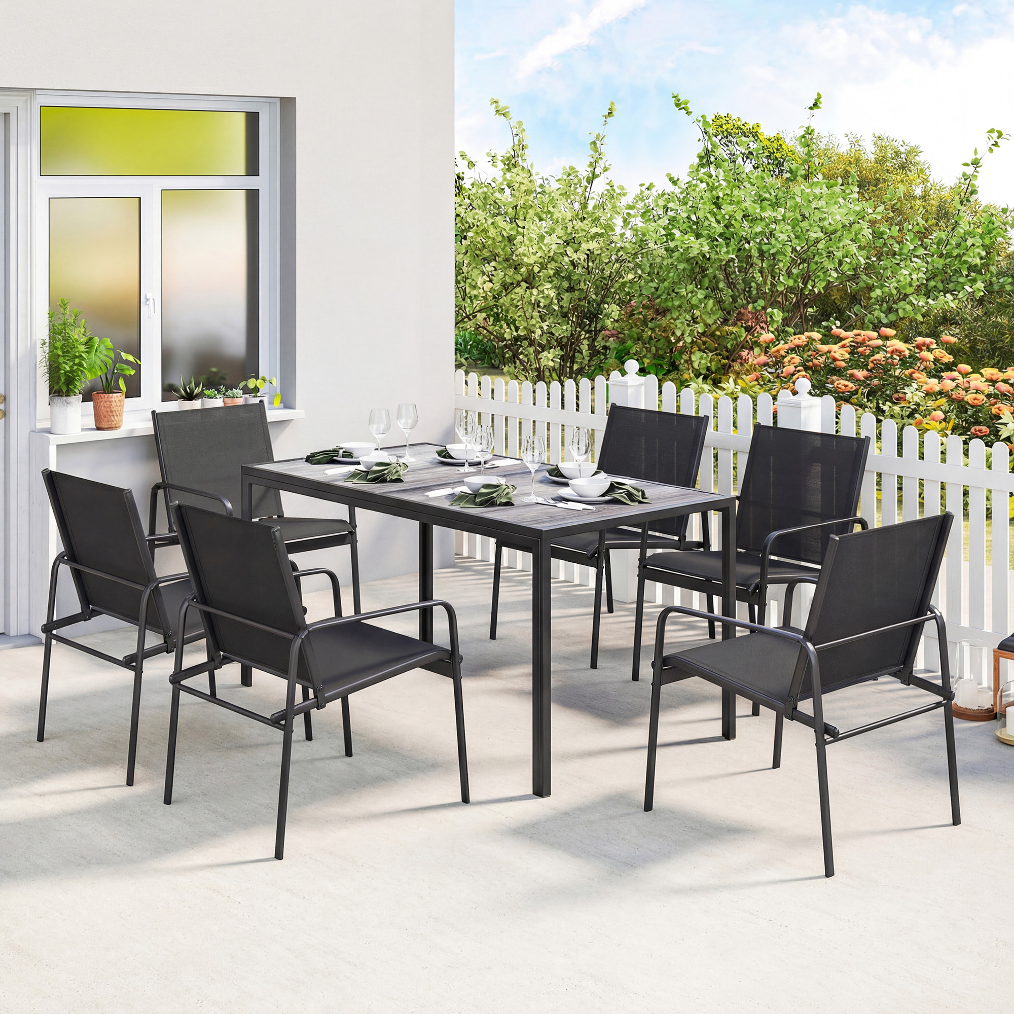 Conjunto de Mesa y Sillas Jardín de 7 Piezas, Muebles de Jardín Exterior con Mesa de Efecto Madera y 6 Sillas con Asiento Transpirable, Marco de Acero Galvanizado, para Terraza, Patio, Negro