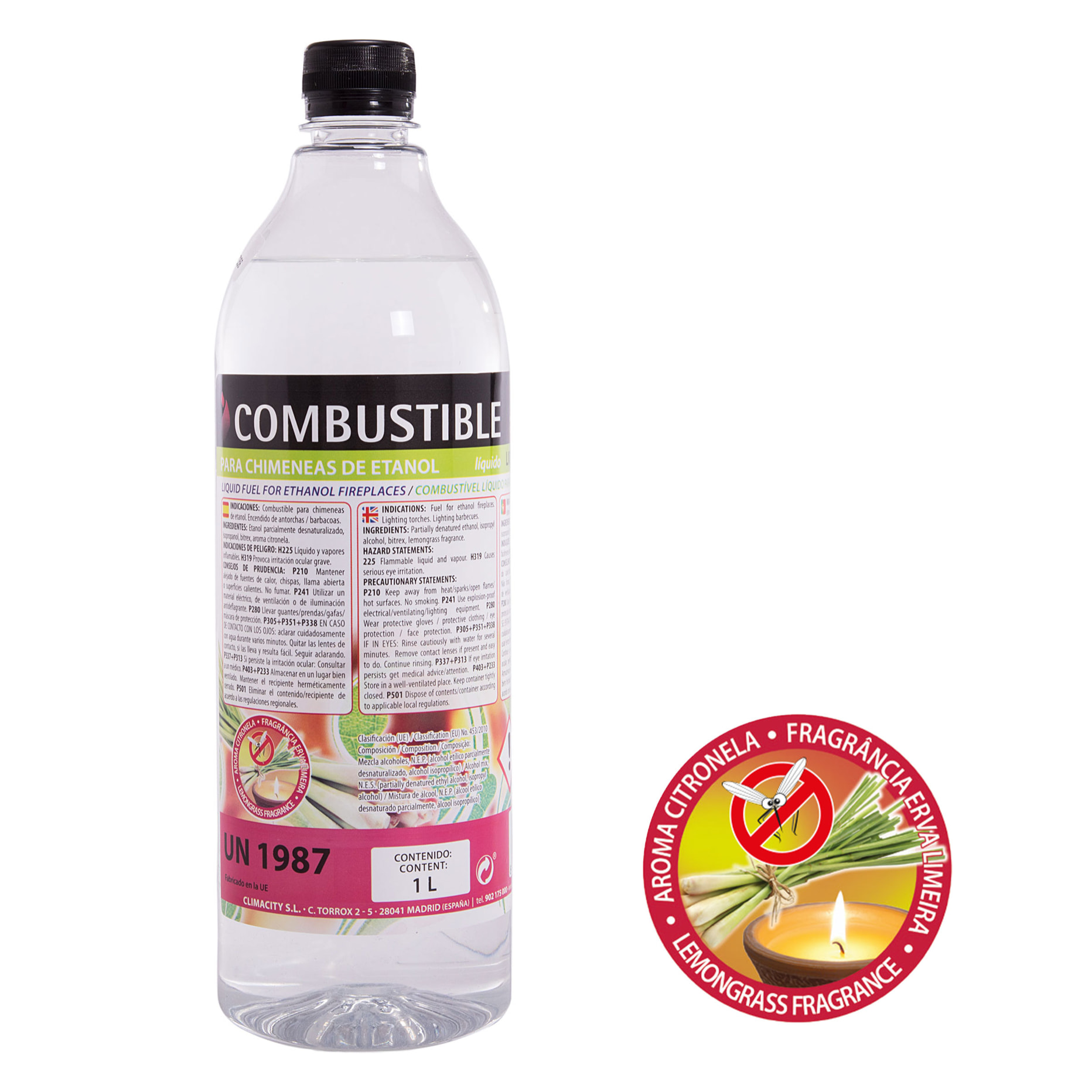 Combustible Etanol repelente de mosquitos CITRONELA. Caja 12 Botellas de 1L LIQ-CITRONELA PURLINE