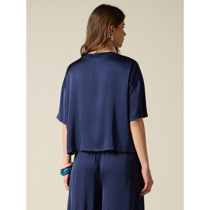 Oltre - Blusa boxy in raso di viscosa - Blu