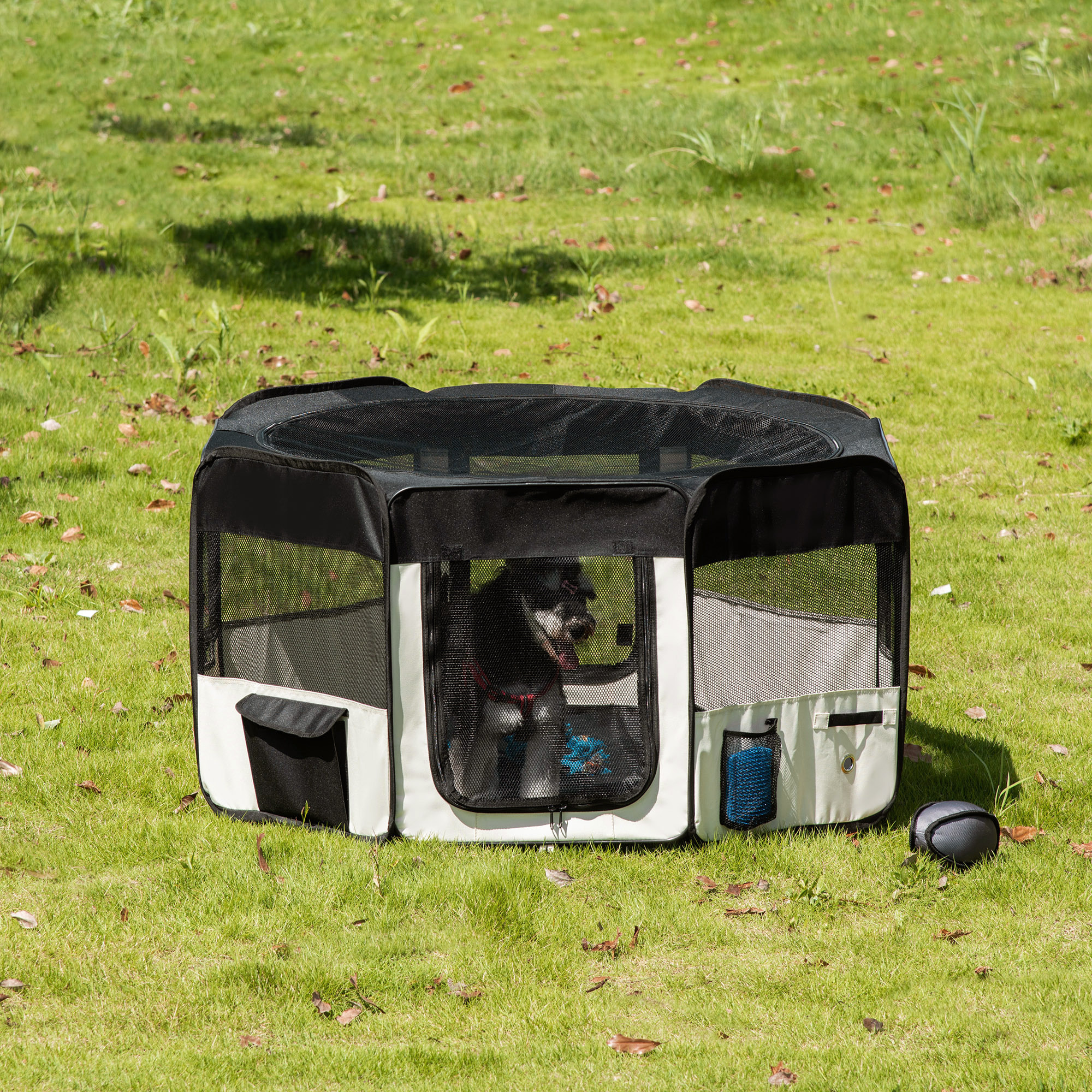 Parque Mascota Plegable de Oxford 114x48x58cm Negro y Crema