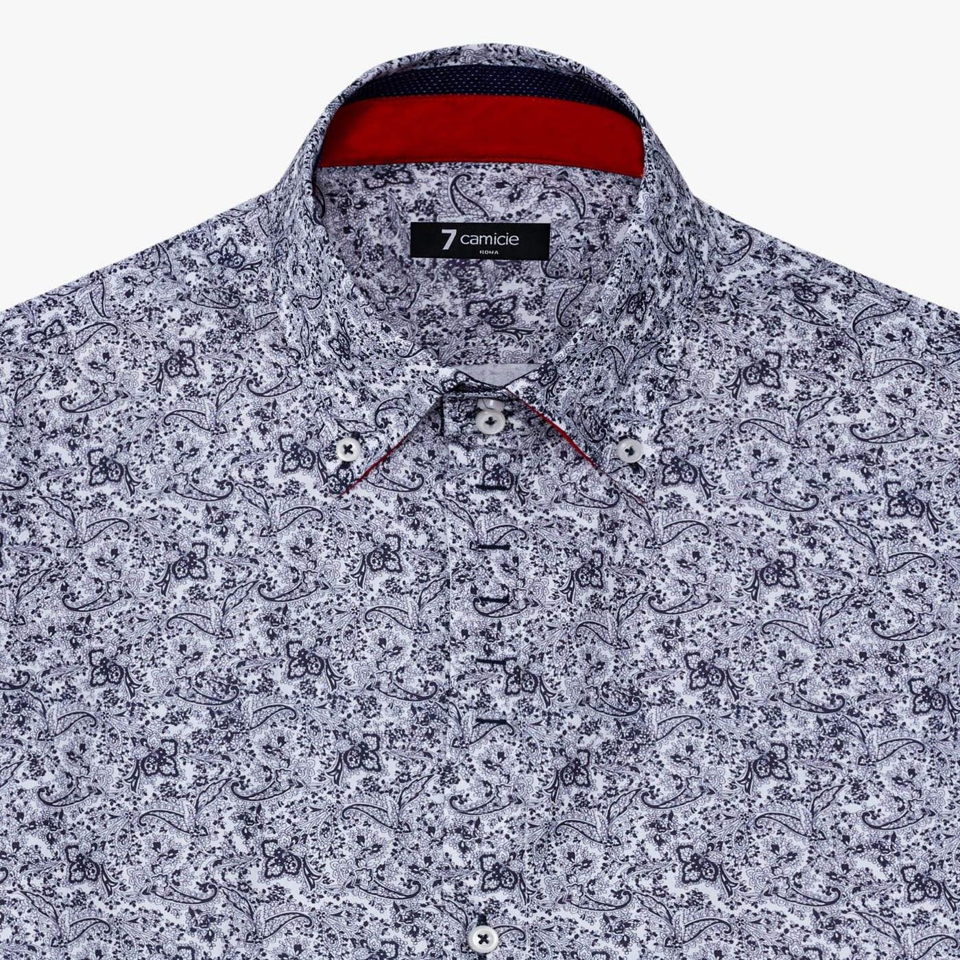 Camicia Uomo 2 Bottoni Button Down Slim Popeline Stampato Bianco e Blu