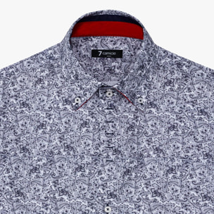 Camicia Uomo 2 Bottoni Button Down Slim Popeline Stampato Bianco e Blu