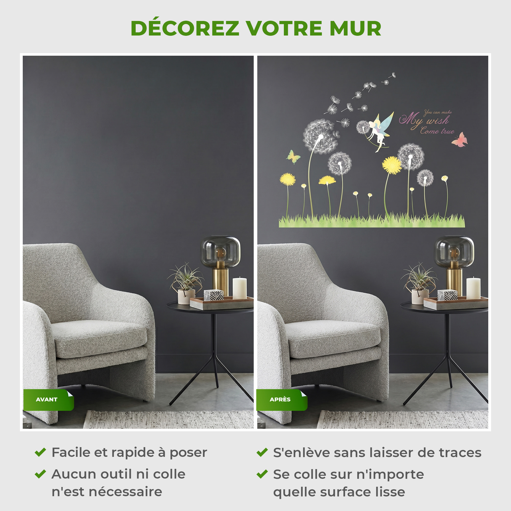 Stickers Muraux décoration adhésifs Pissenlit et petite fée