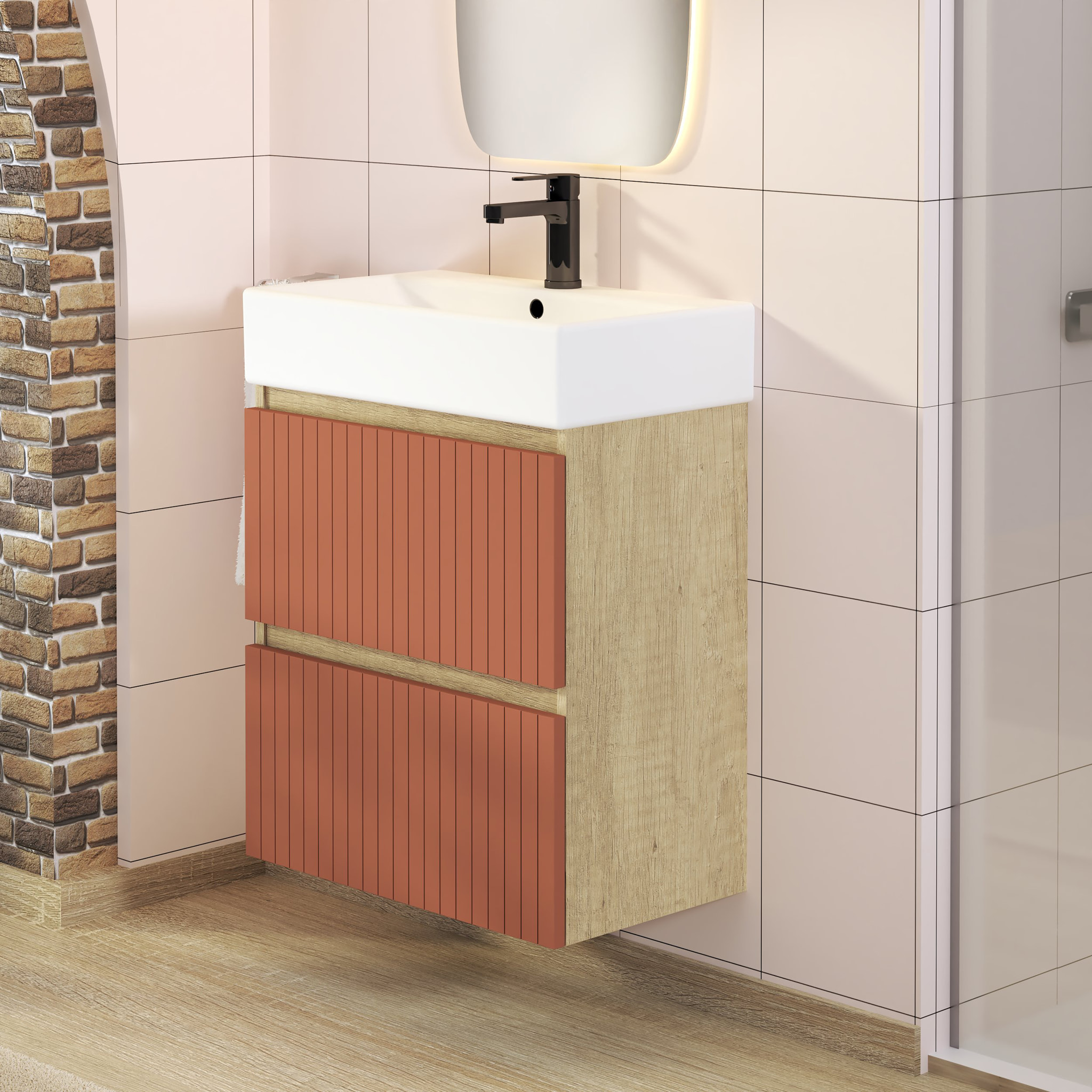 ENSEMBLE DE SALLE DE BAIN ZEL | MEUBLE SUSPENDU | 60 CM ÉCARLATE | DEUX TIROIRS | LAVABO ENCASTRÉ | MIROIR NON INCLUS | MEUBLE MONTÉ | ALDAY