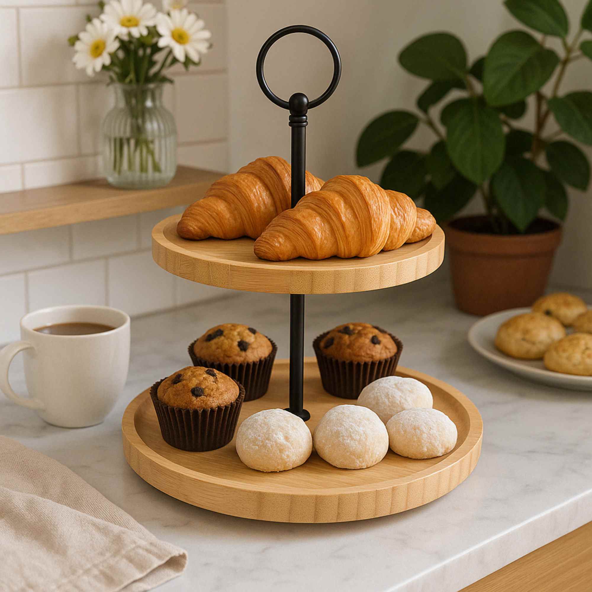 Puesto de comida de bambú de 2 niveles - ideal para servir y presentar platos - ligero y resistente