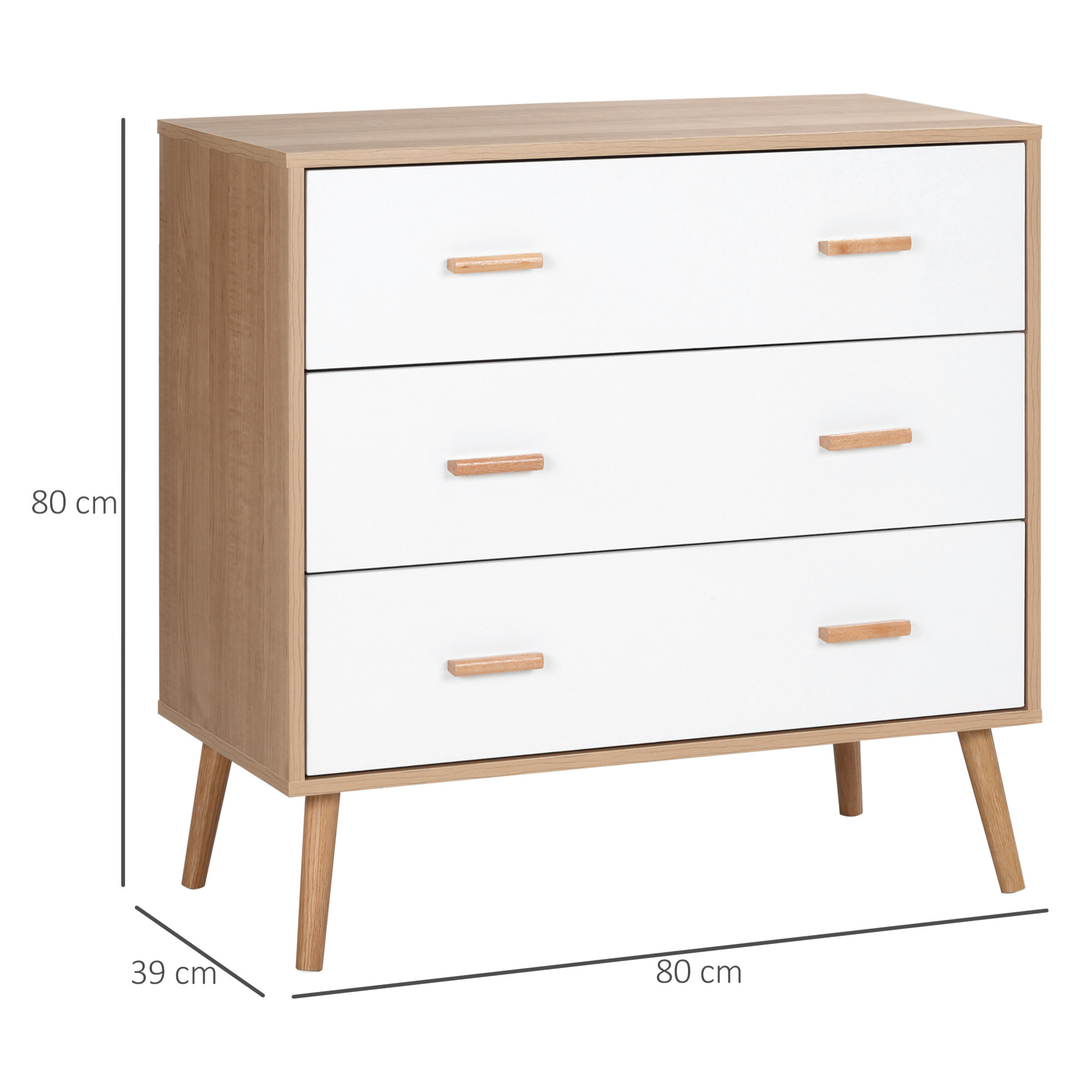 Commode design scandinave sur pieds 3 tiroirs coulissants pieds effilés inclinés panneaux particules blanc aspect bois clair