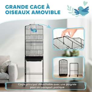 Cage à oiseaux sur pied volière mobile toit ouvrant 3 perchoirs étagère 46 x 36 x 157 cm noir