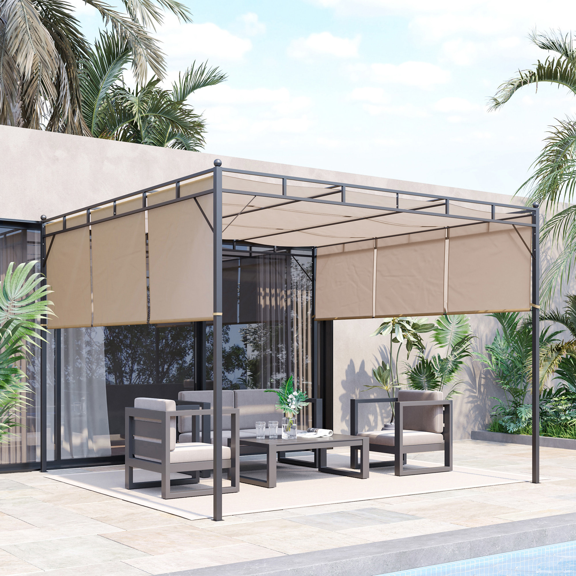 Pergola rétractable dim. 3L x 3l x 2,2H m structure acier époxy anticorrosion noir triple toile polyester haute densité beige