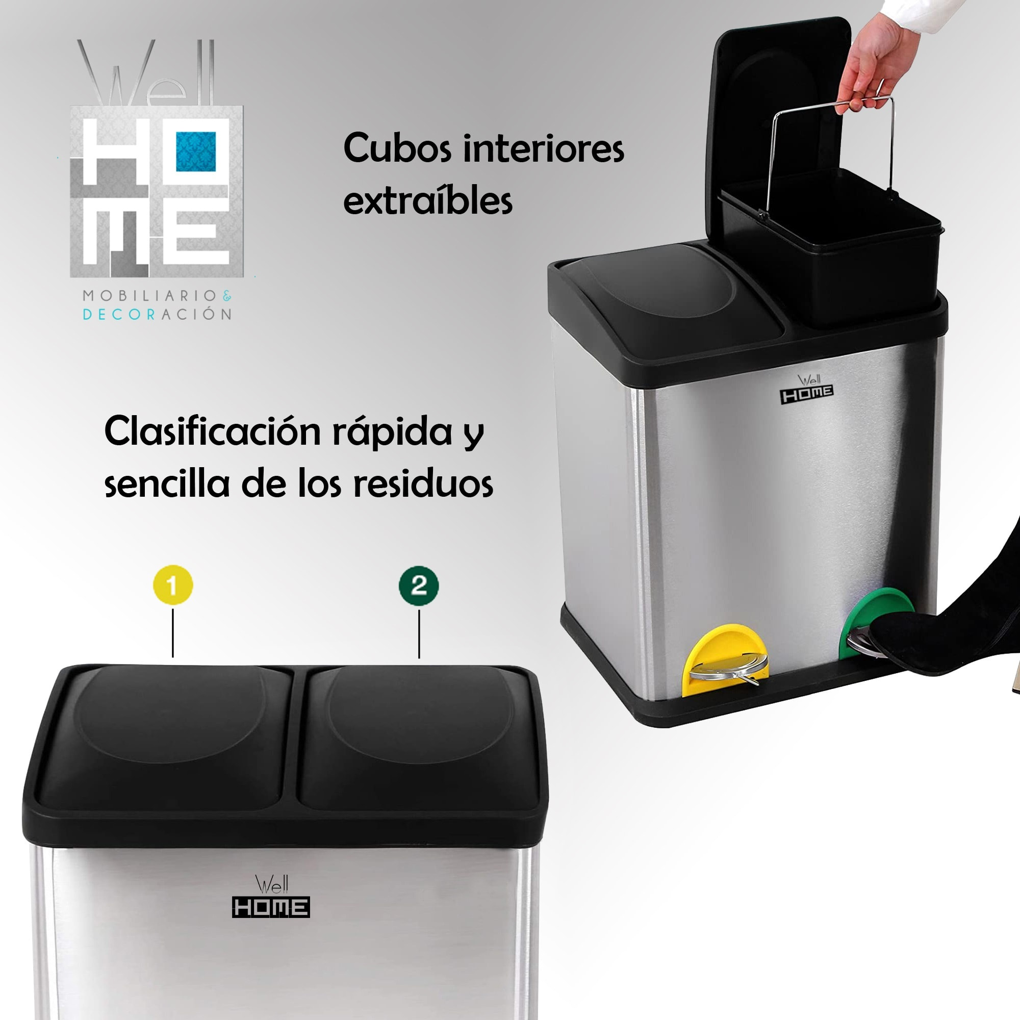 Cubo de reciclaje ecológico 30 litros de 2 compartimentos, reciclaje de basura / cubos de reciclaje, gran capacidad, para papel, vidrio y plástico, id