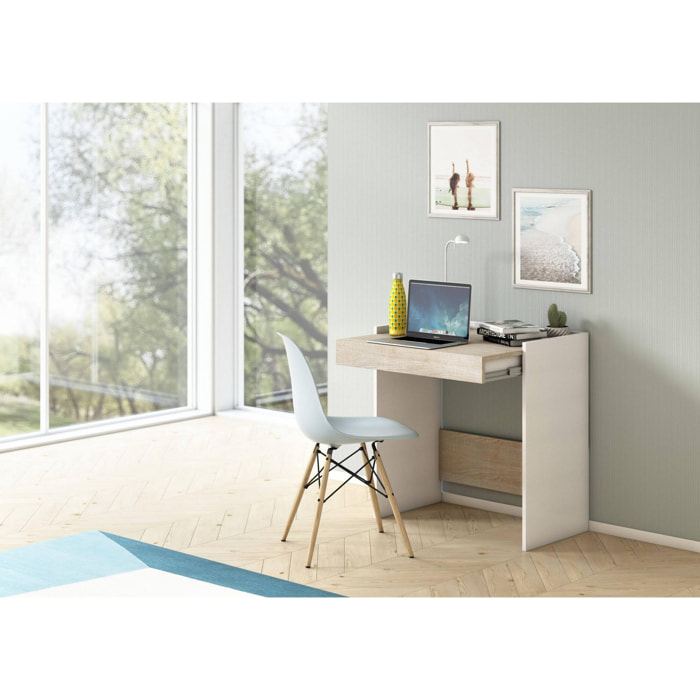 Scrivania Clematide, Scrittoio moderno con cassetto, Tavolo da studio o ufficio porta PC portalibri, 100% Made in Italy, Cm 80x40h79, Bianco e Rovere