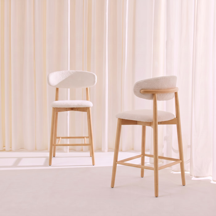 Tabouret de bar bois d'hévéa et tissu bouclette (lot de 2)  PAOLA