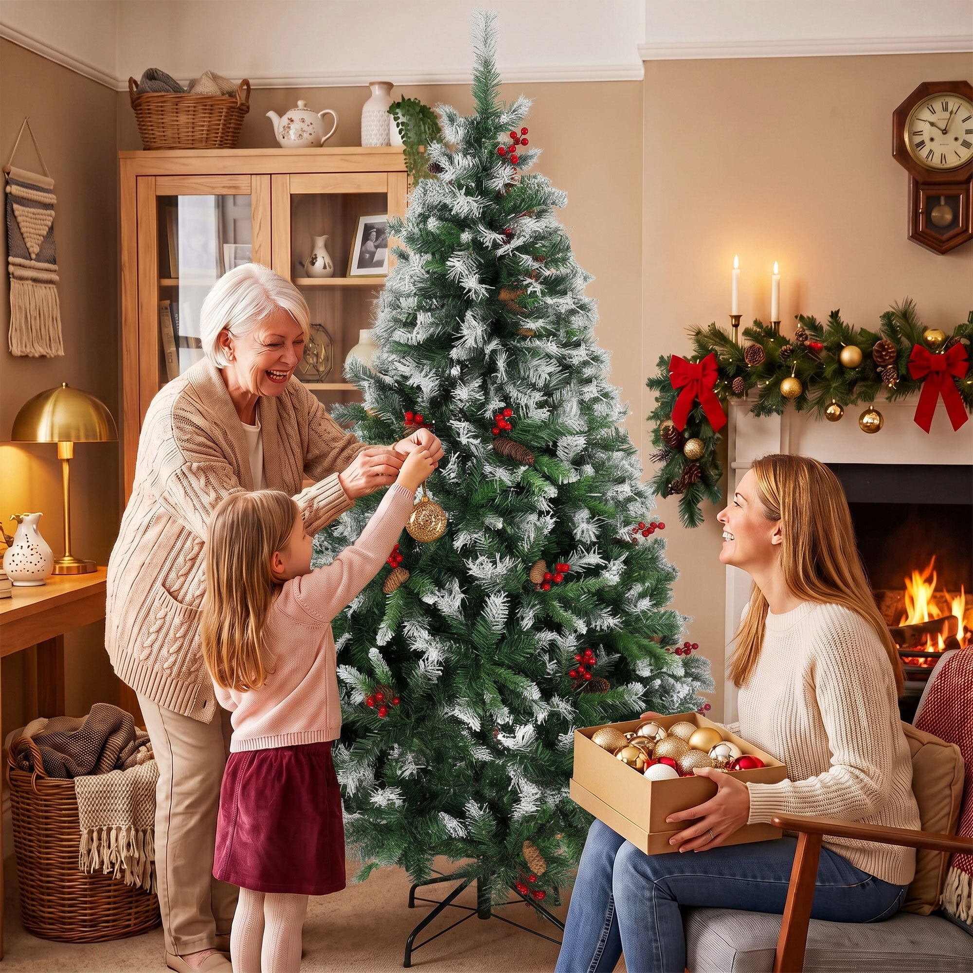 HOMCOM Árbol de Navidad 180 cm, Árbol de Navidad Artificial Nevado con 840 Ramas, Bayas Rojas, Piñas, Base de Acero Plegable, Montaje Rápido, Decoración Navideña para Salón, Interior, Verde