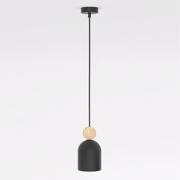 Lampada a sospensione Mesi in acciaio nero opaco e legno