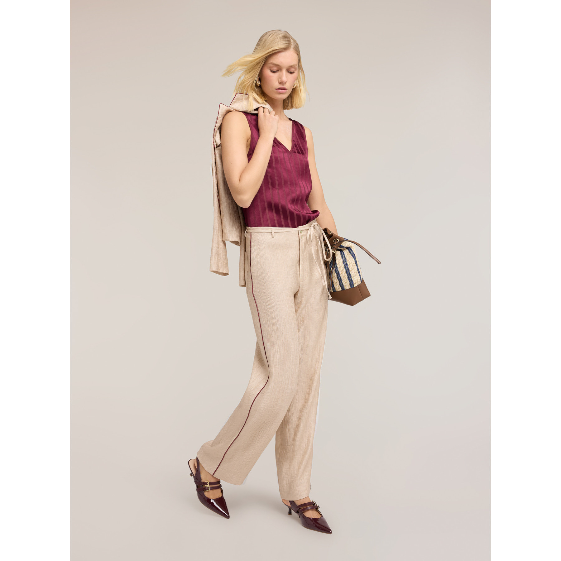 Motivi - Blusa in raso a righe devoré - Bordeaux