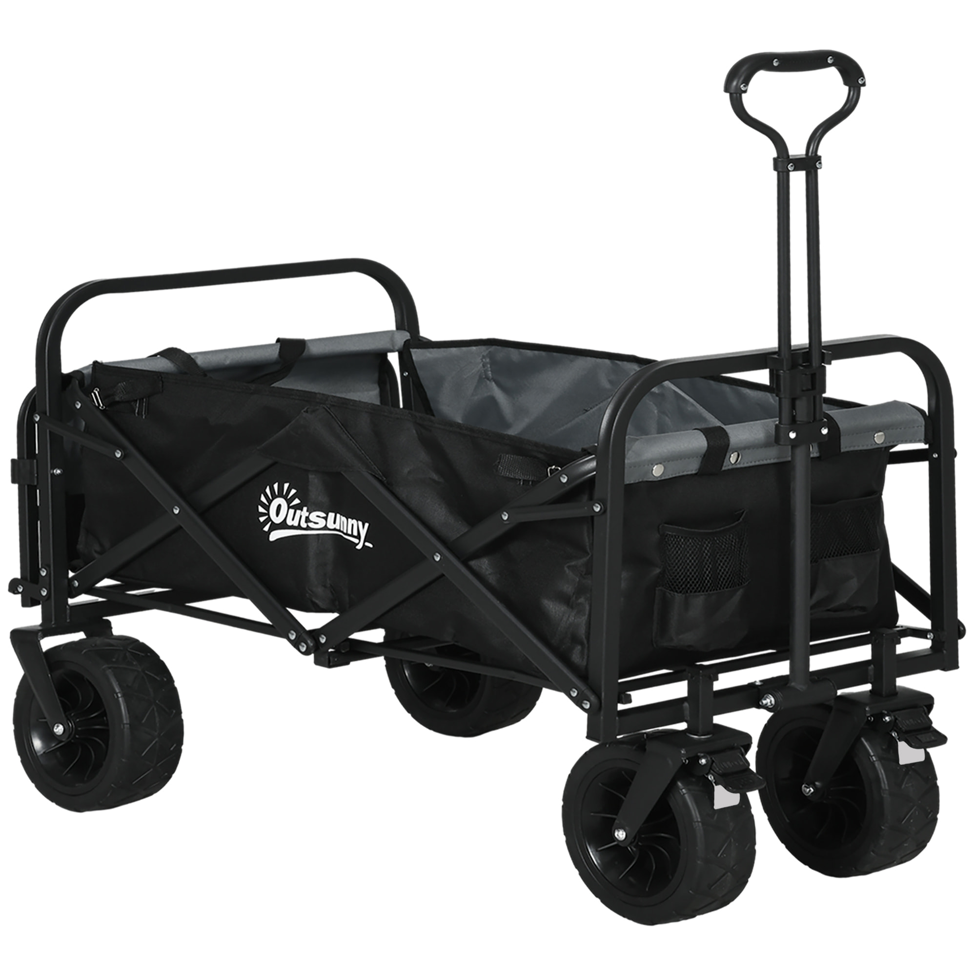 Chariot de jardin 110L pliable 4 roues poignée télescopique réglable porte noir