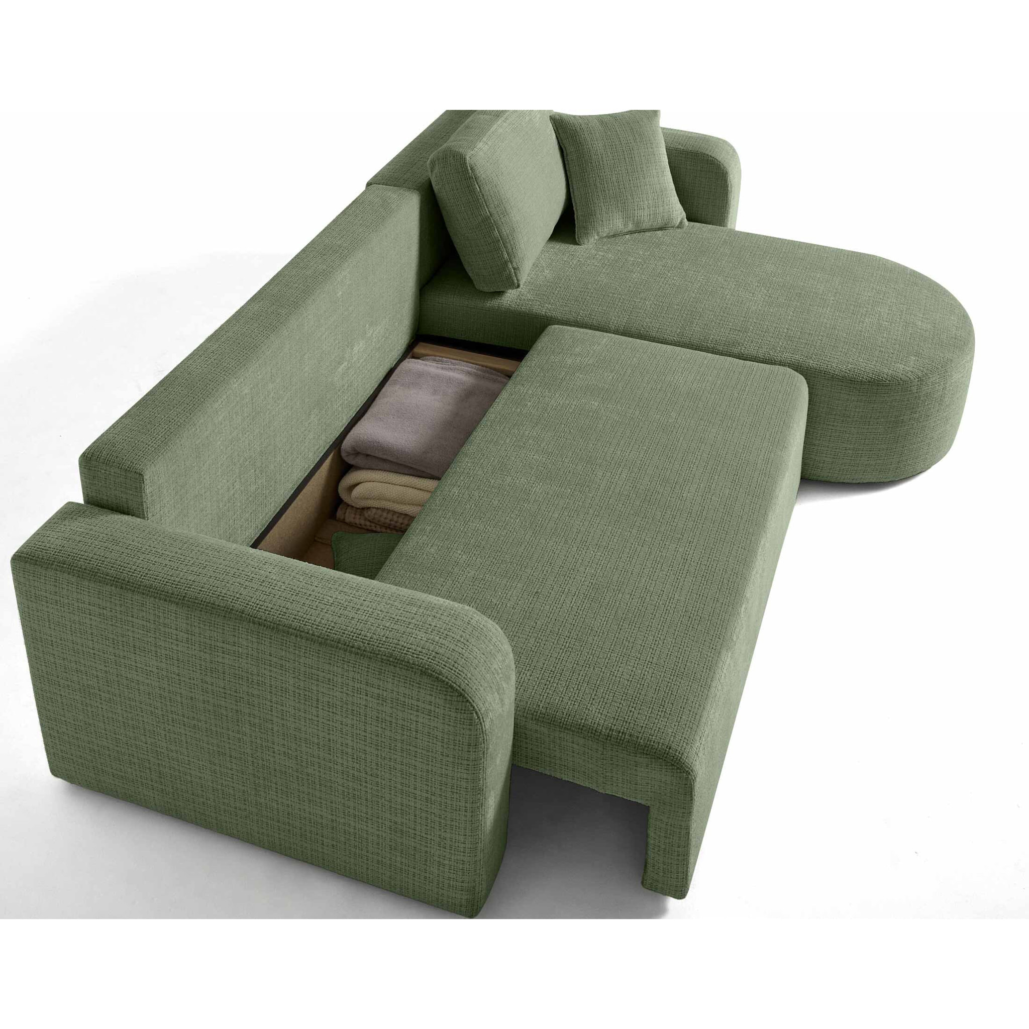 Miro - canapé d'angle réversible - 4 places - convertible avec coffre - en velours texturé - Vert sauge
