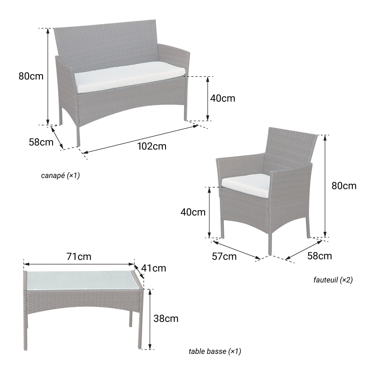 Salon de jardin CORFOU en résine tressée noire 4 places - coussins gris