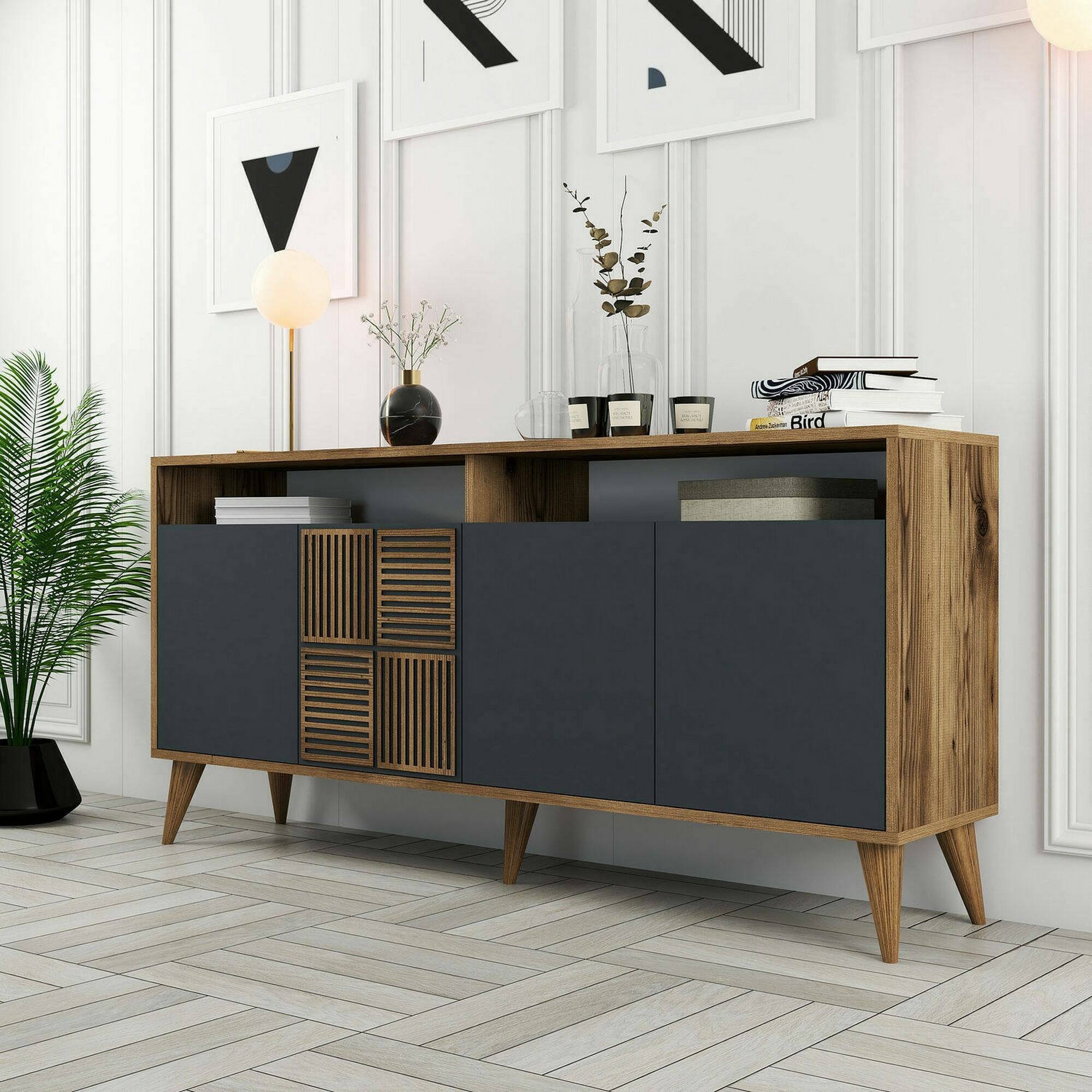 Credenza Dpiccion, Buffet da soggiorno, Madia da salotto, Dispensa da cucina, 160x35h79 cm, Noce e Antracite