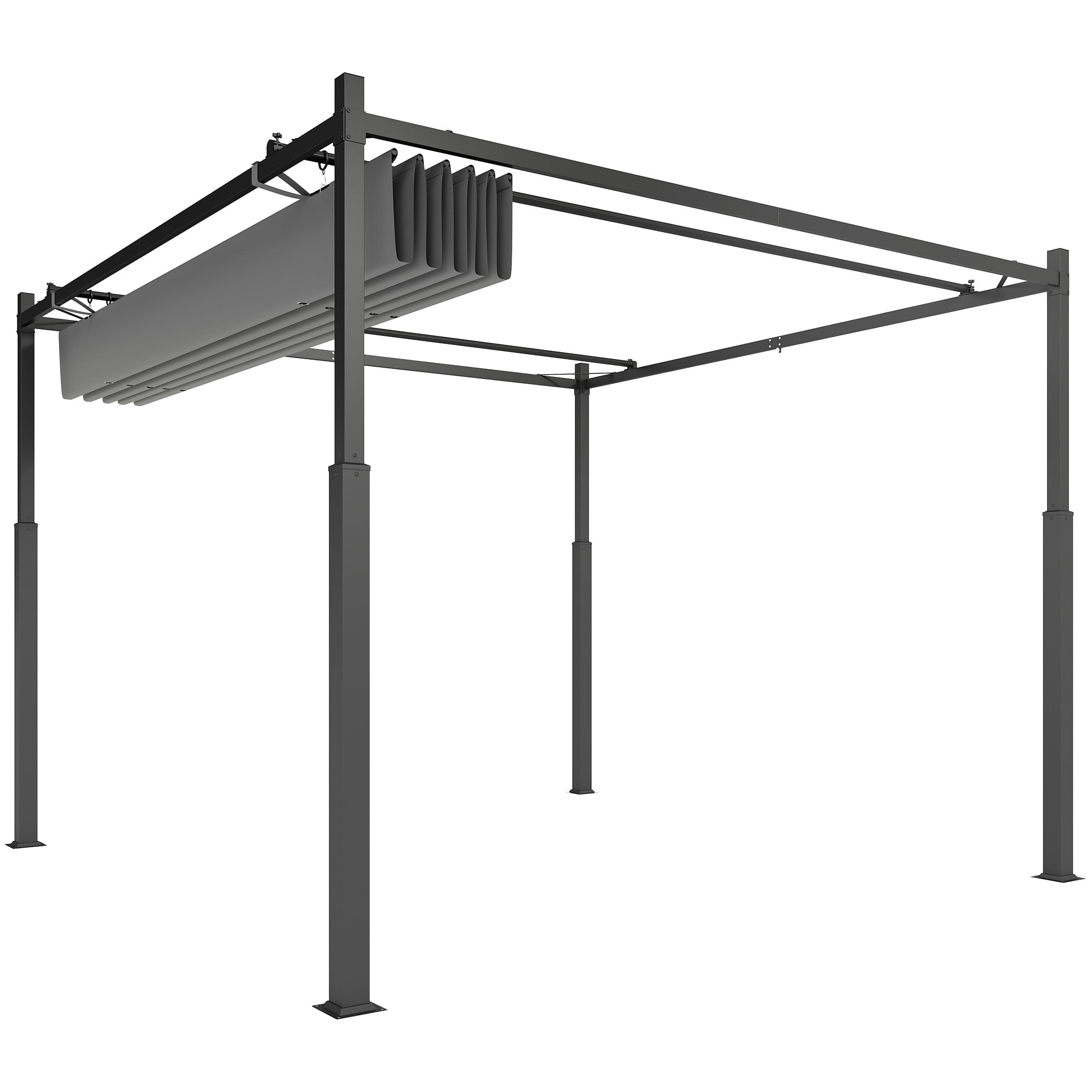 Pergola rétractable 3 x 3 m acier époxy noir polyester haute densité 180 g/m² UPF30+ gris