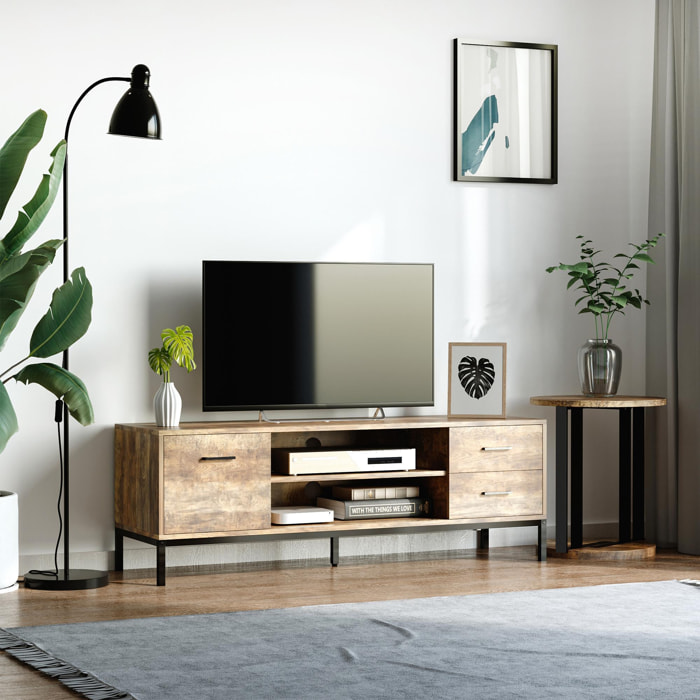 Meuble TV banc TV design industriel - porte, 2 tiroirs, 2 niches - piètement acier noir - aspect bois de manguier