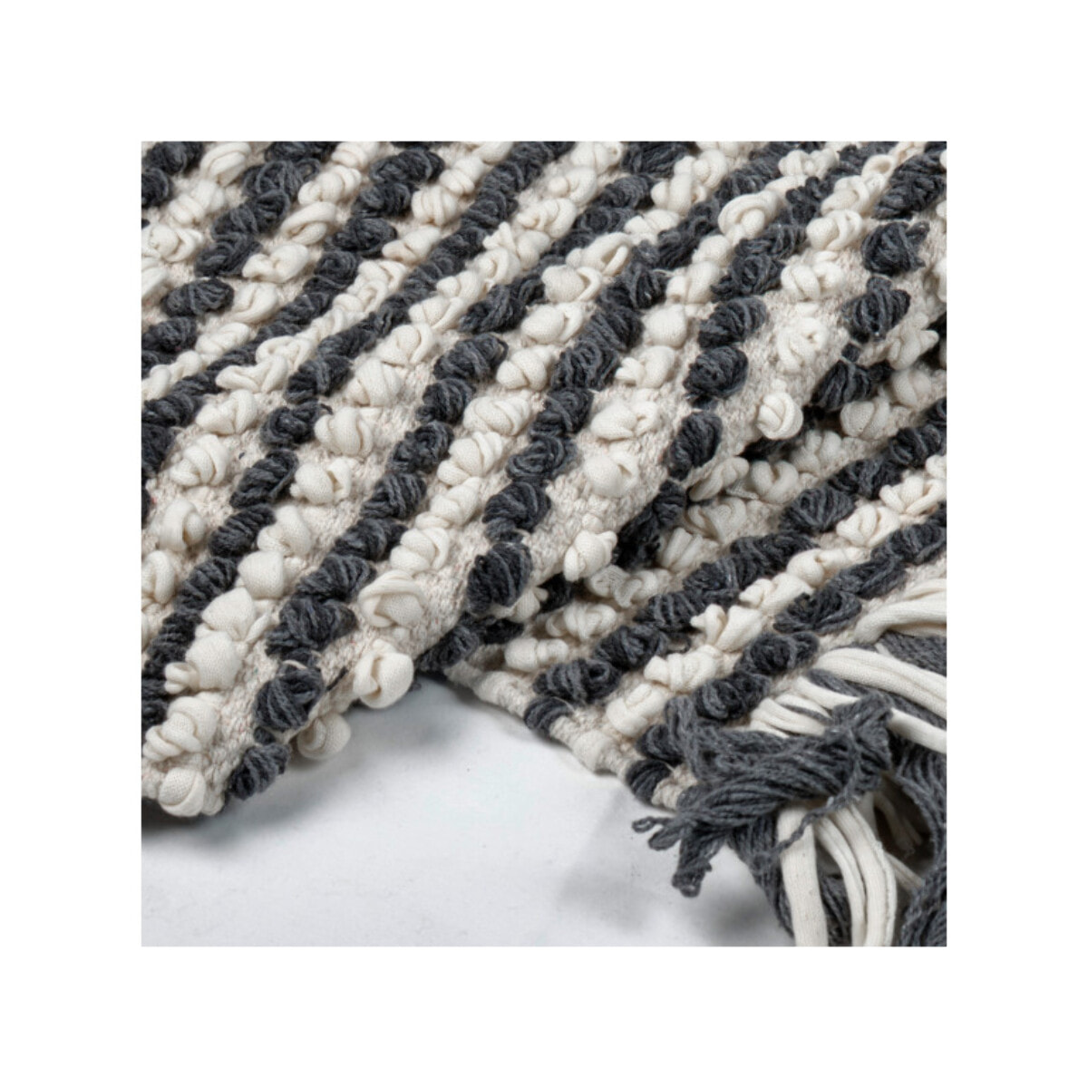 Tapis 60 x 80 cm tissu texturé petits pompons avec franges bicolores - MARINE