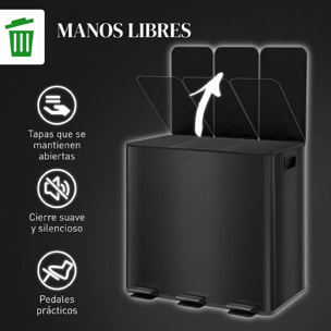 Cubo de Basura de Cocina con 3 Compartimentos 3x15L Papelera de Cocina de Acero Inoxidable con Pedales Tapas de Cierre Suave y Cubo Extraíble para Reciclaje Residuos Restos de Comida Negro