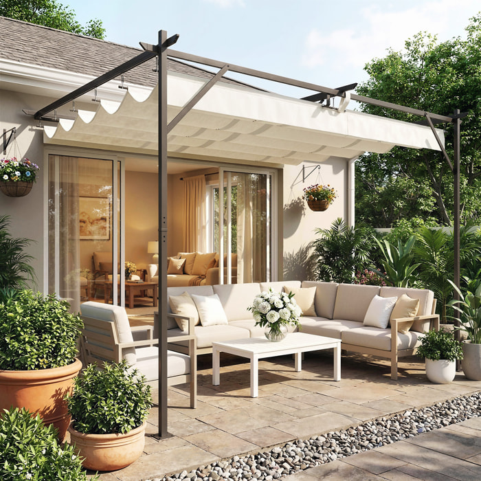 Pérgola de Pared de Jardín 4x3 m, Cenador de Jardín con Techo Retráctil, Protección UPF30+, Orificios de Drenaje y Estructura Metálica, Pabellón para Patio, Terraza, Exterior, Blanco Crema