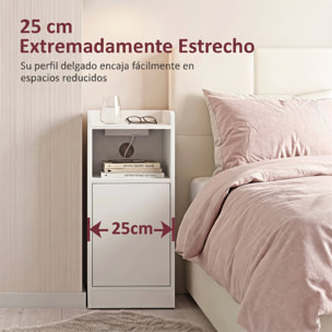 Mesitas de Noche Estrechas, Juego de 2, con Estación de Carga, Mesillas de Noche Dormitorio con Puerta, Compartimento Abierto, Estante Ajustable, Mesa Auxiliar para Espacios Reducidos, Blanco