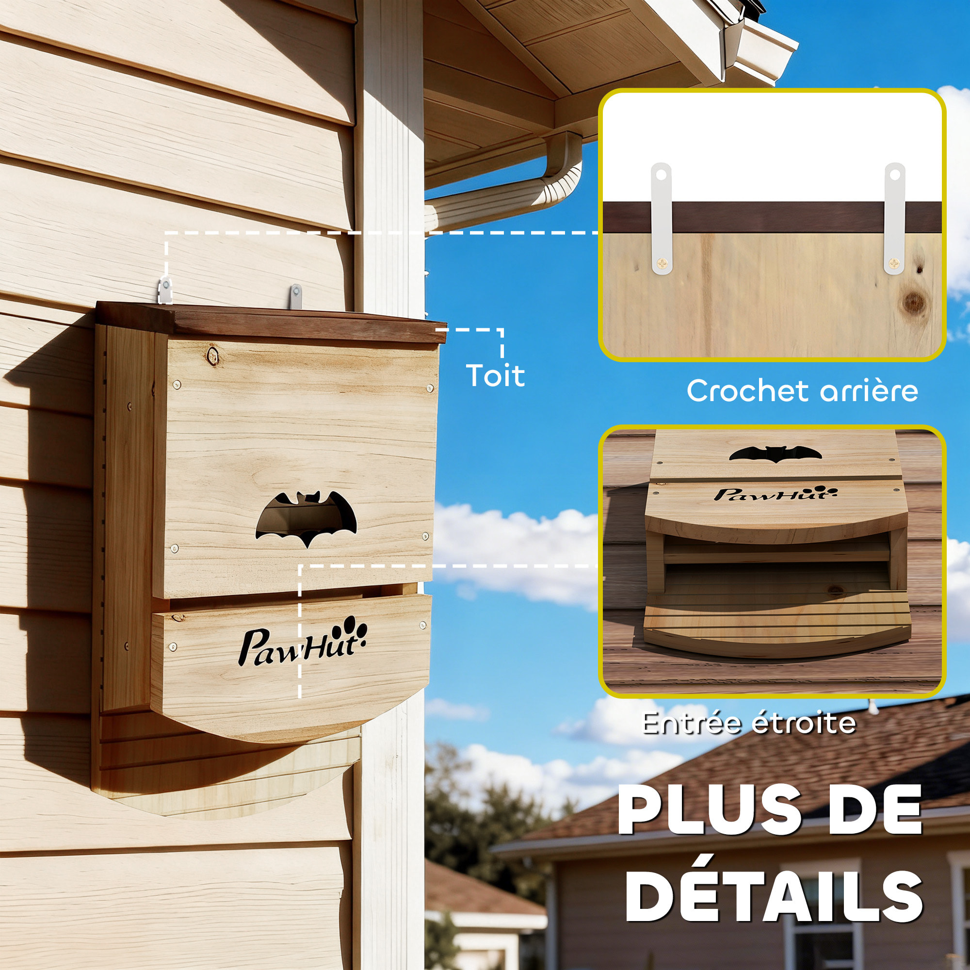 Lot de 3 nichoirs chauve-souris plateforme et 2 chambres bois marron
