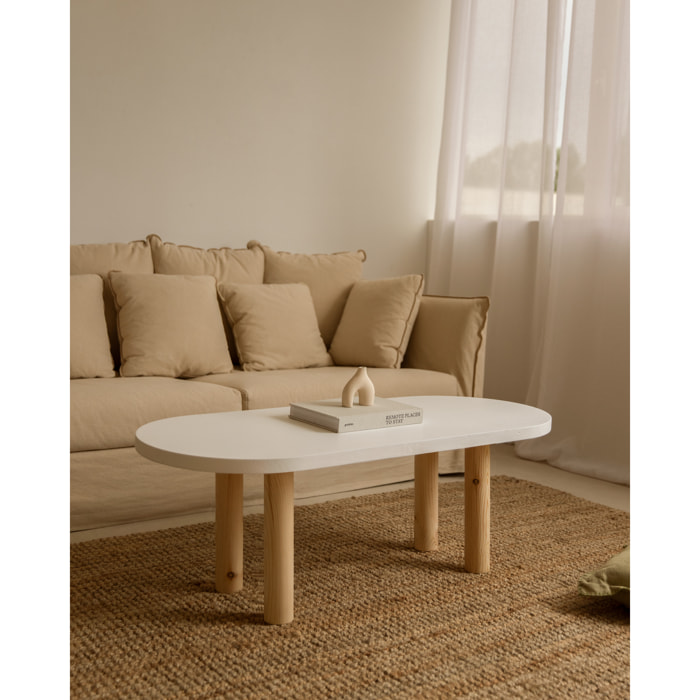 Mesa de centro ovalada de madera maciza sobre en tono blanco y patas tono natural de 40x120cm Alto: 40 Largo: 120 Ancho: 50