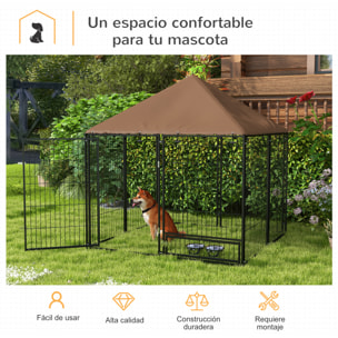 Perrera con Toldo Parque para Perros Metálica de Exterior con Soporte Giratorio para Comida 2 Cuencos para Patio Jardín Terraza 141x141x151 cm Negro