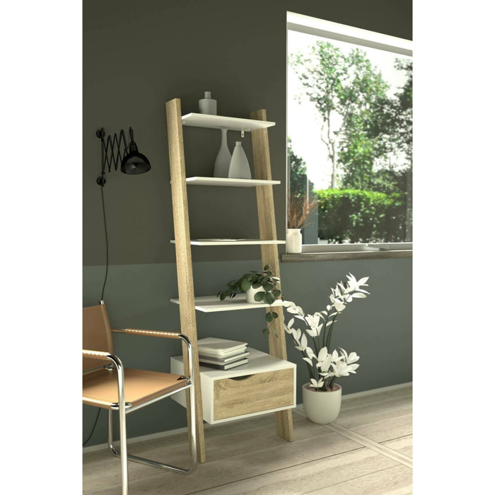 Libreria con un cassetto e quattro ripiani, colore bianco e rovere, cm 55 x 180 x 48.