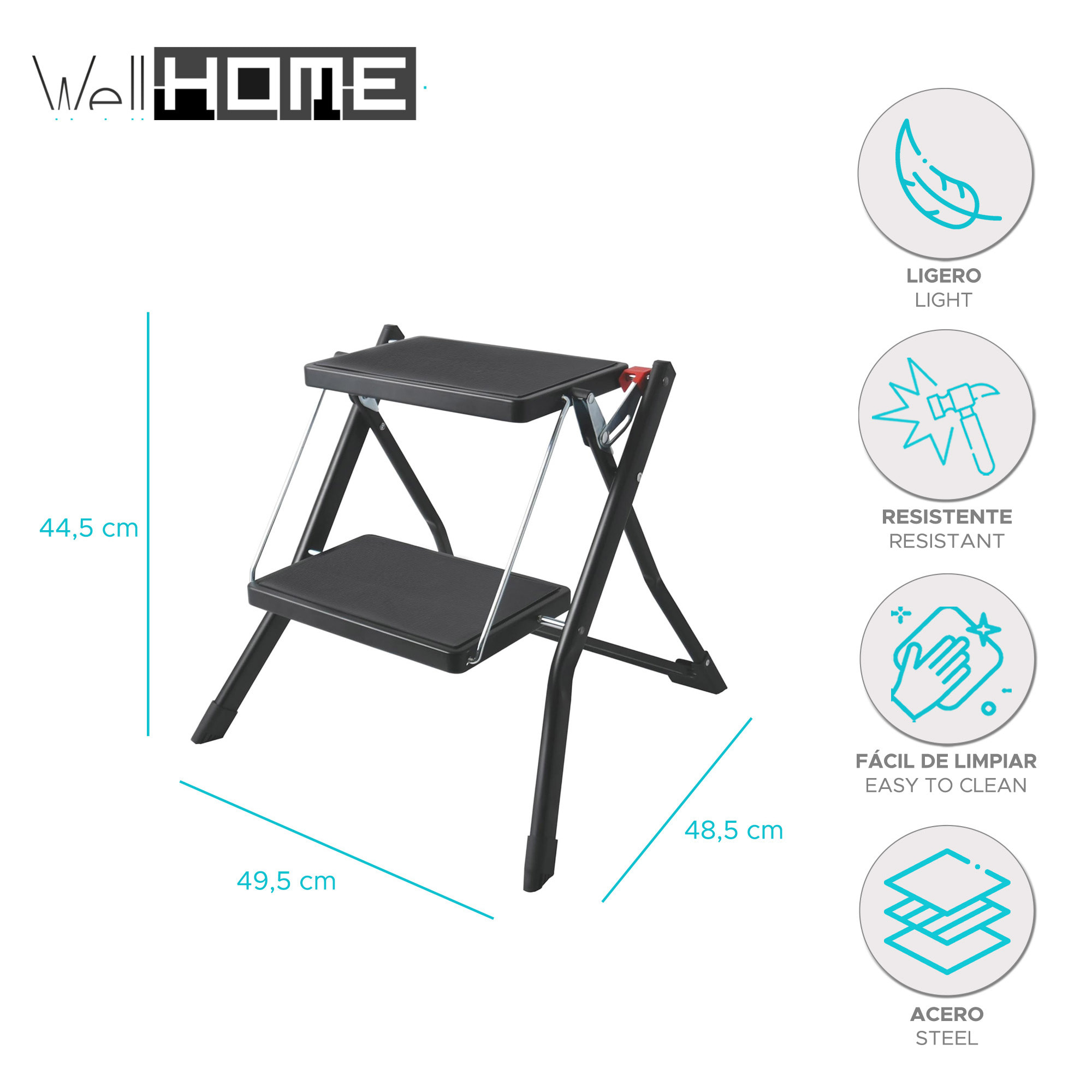 Escalera plegable de 2 Peldaños en acero de color negro, Antideslizante y ligera