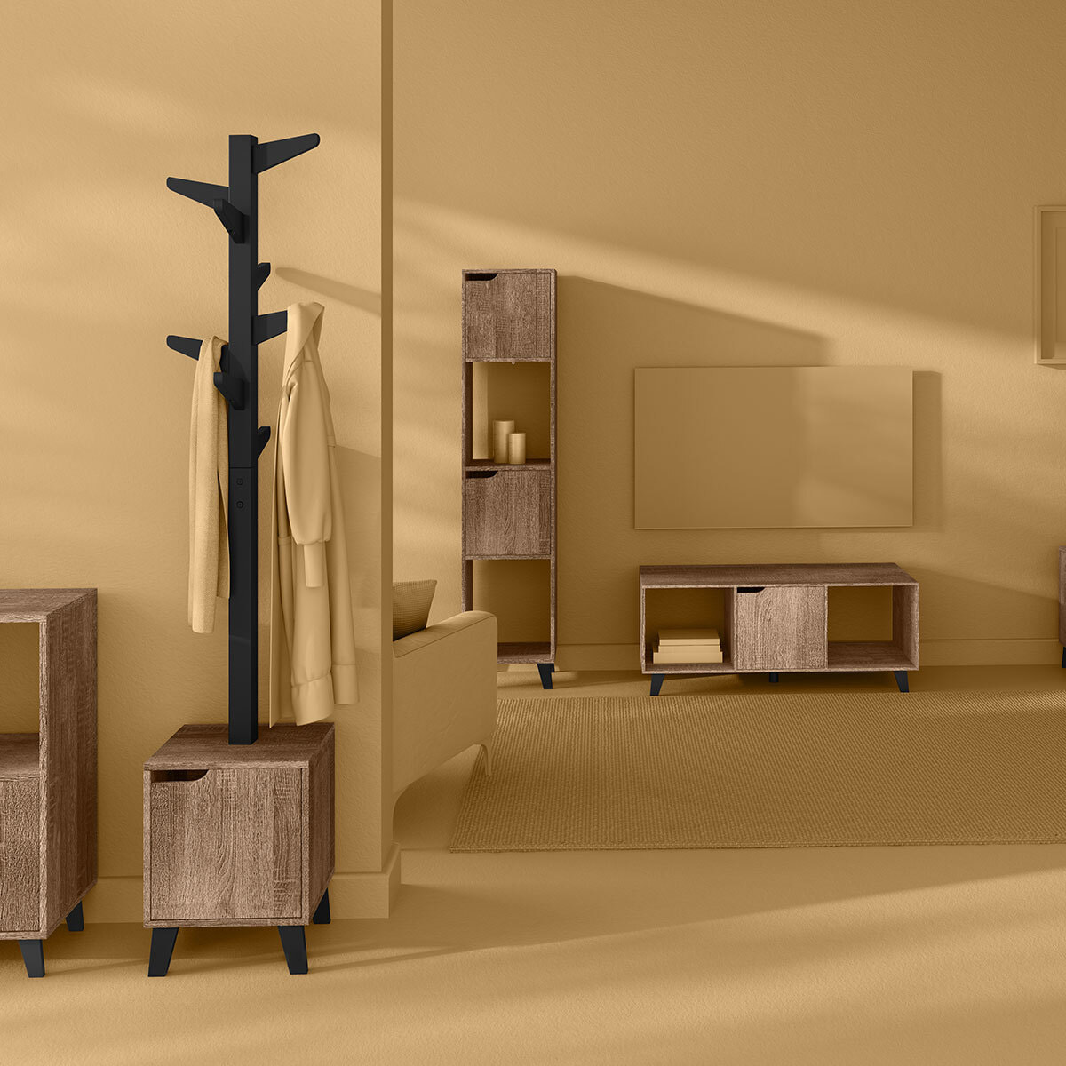 Meuble TV effet chêne naturel Noir Ceda